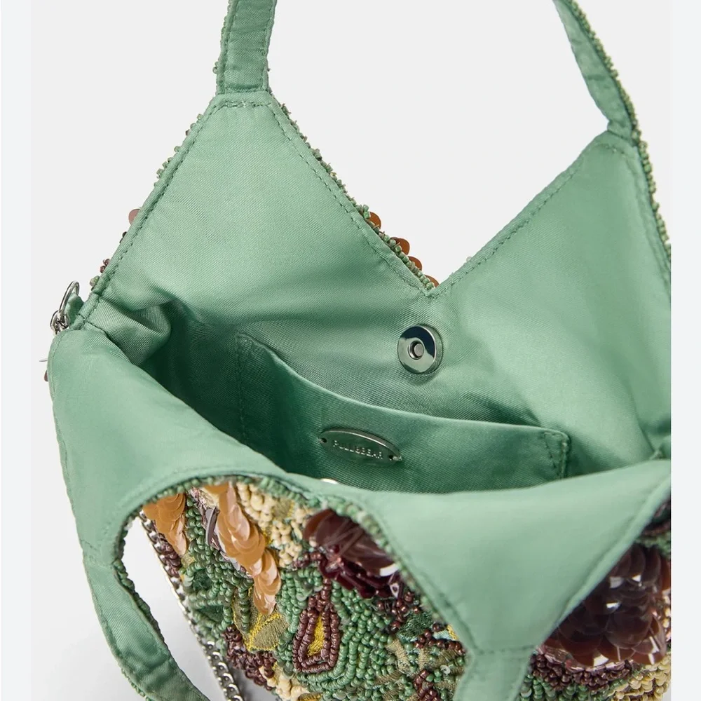 Pull&Bear Green and Brown Beaded Shoulder Bag - Picture 3 of 4